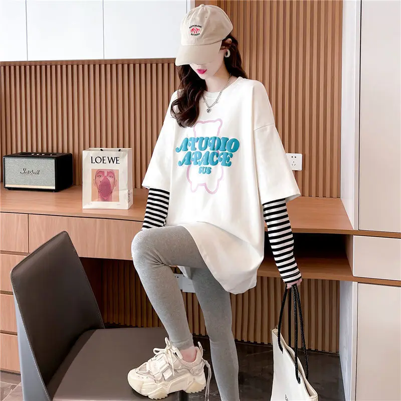 Fashion Striped Spliced Fake Two Pieces Letter T-Shirt Female Clothing 2023 Autumn New Korean Pullovers Loose Casual Tee Shirt