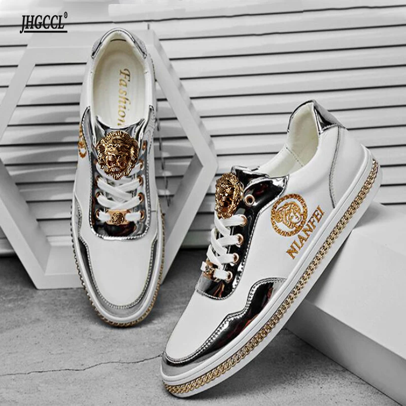 Men's casual shoes Gold silk embroidery Crazy Little Lion White Shoes moccasins High quality leather A6