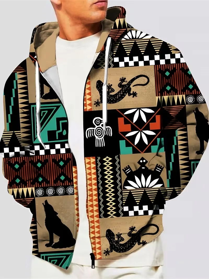 Nova Jaqueta Masculina com Capuz e Zíper, Estampa de Padrão Tribal, Casual para Uso ao Ar Livre na Primavera e Outono, Jaqueta Y2K com Capuz e Zíper