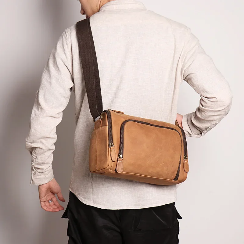 Bolsos cruzados Vintage para hombre, bandolera de cuero auténtico, bolsos de mensajero informales a la moda, bolso de cuero vacuno multifuncional para exteriores 가