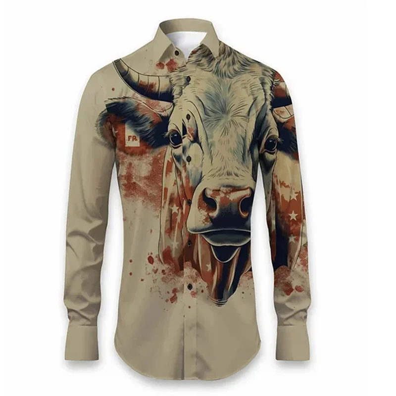 

3D Bloody Cow Head Graphic Long Sleeved Shirt Men Women Horror Hip-hop All Printed Lapel Button Shirts Autumn Newest Tops Blouse