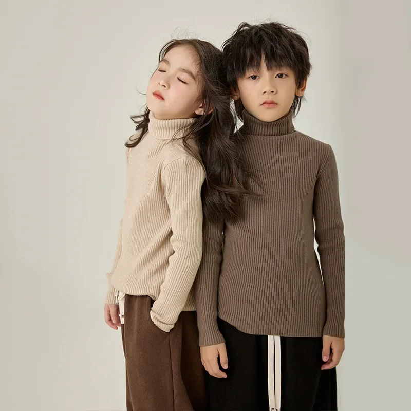 Pullovers for Kids Autumn Winter 2024 Knitted Sweater Baby Turtleneck Warm Casual All-match Boys Girls Undershirt 10 12 Years