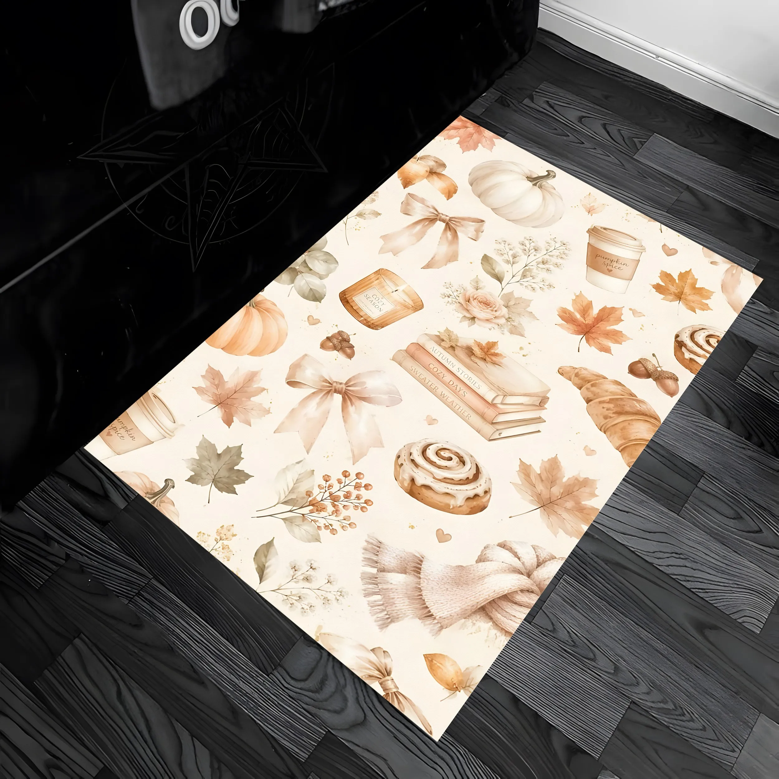 Autumn Watercolor-Style Long Carpet, Pumpkin Dessert Maple Leaf Bow Pattern, Warm Retro Vibe, Soft Carpet for Entryway, Hallway, Bedroom, Autumn and Winter Decor