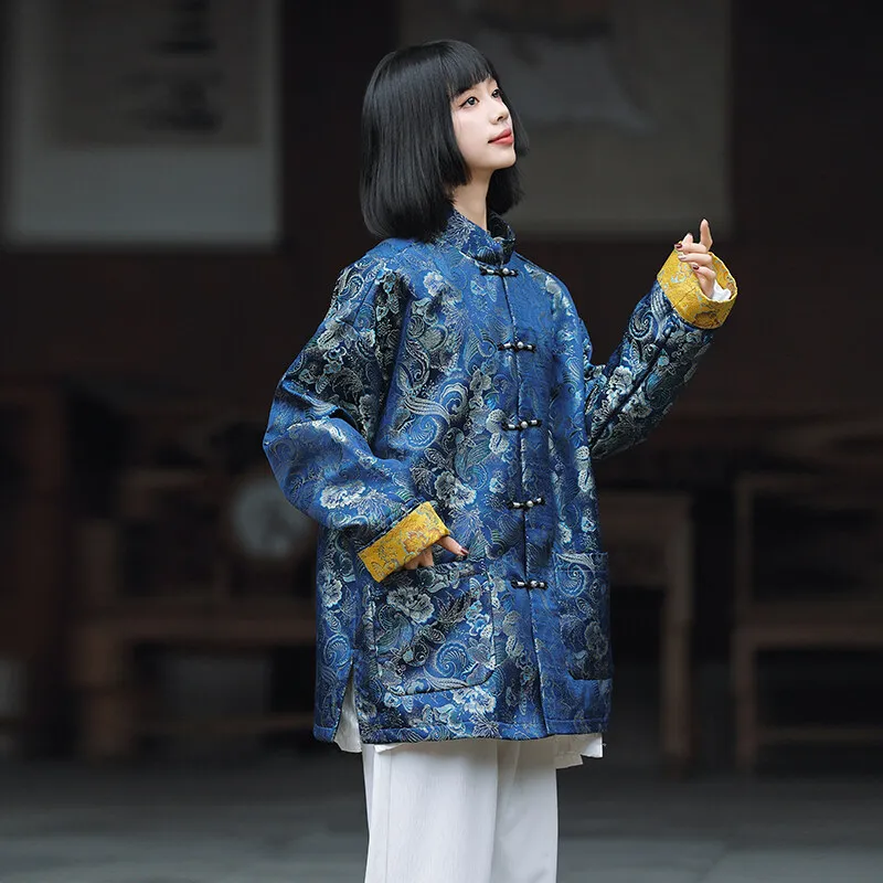 

Couples Chinese Sle Cotton Liner Button up Jaets Fall Winter Outwear Warmth Stand Collar Long Sve Men's Hanfu Coats