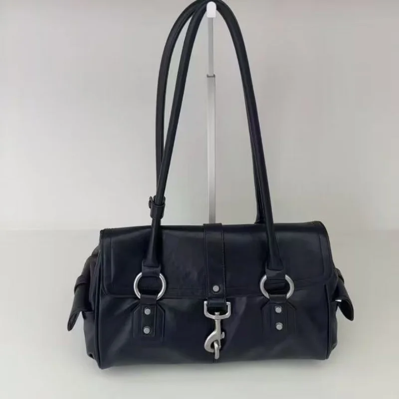 Women Retro PU Leather Shoulder Bag Vintage Metal Buckle Cylinder Handbag Large Capacity Casual Daily Satchel Purse
