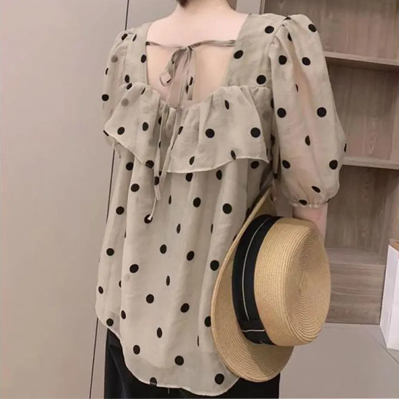 Summer Sweet Polka Dot Printed Shirt Women\'s Elegant Square Collar Ruffles Spliced Loose Casual Puff Sleeve Drawstring Blouse