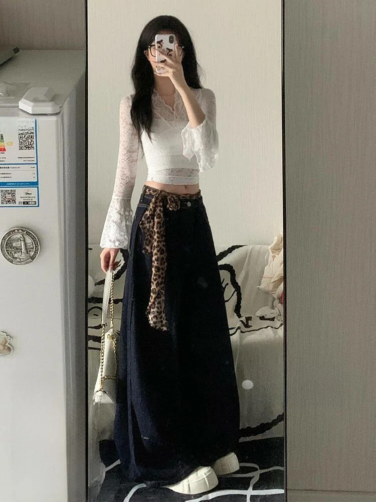 

Женские летние джинсы свободного кроя с широкими штанинами, тонкие, темно-синие, из денима, в американском стиле, повседневные брюки