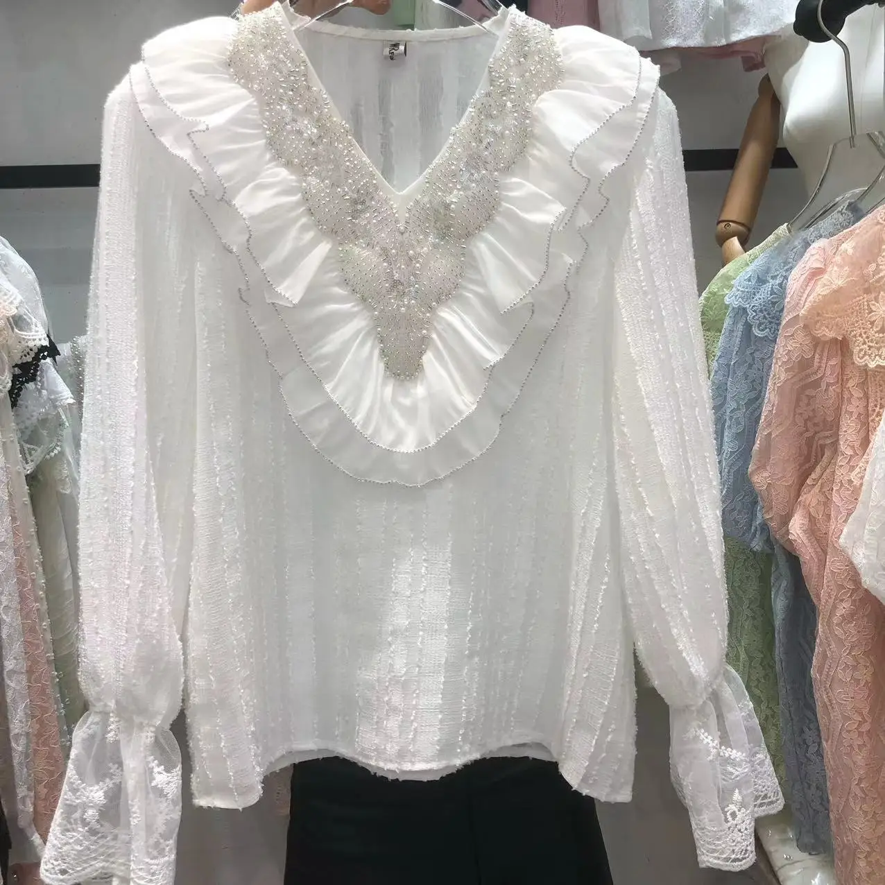 Luxury Heavy Diamonds Beading Sequins Blouses Shirs Women Sweet Lace Chiffon Ruffles Long Sleeve Top 2024 Spring Summer Blusas