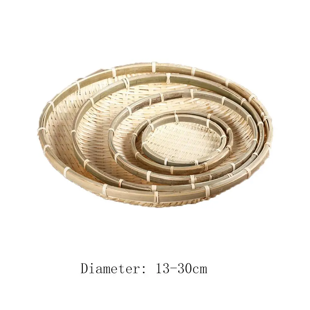 ทําด้วยมือทอถาดไม้ไผ่ไม้ไผ่รอบไม้ไผ่ทอตะกร้าหวายตะกร้าขนมปังห้องนั่งเล่น