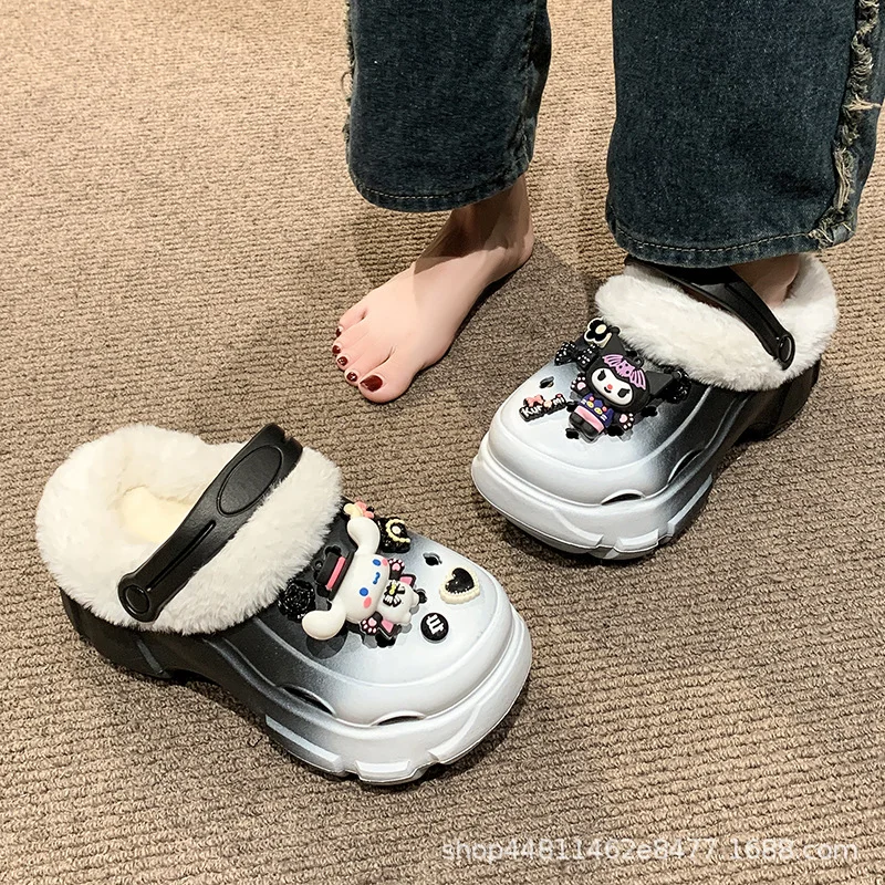 Sanrio winter Kulomi cute warm home women's shoes big-eared dog cartoon height increase removable plush hole cotton slippers