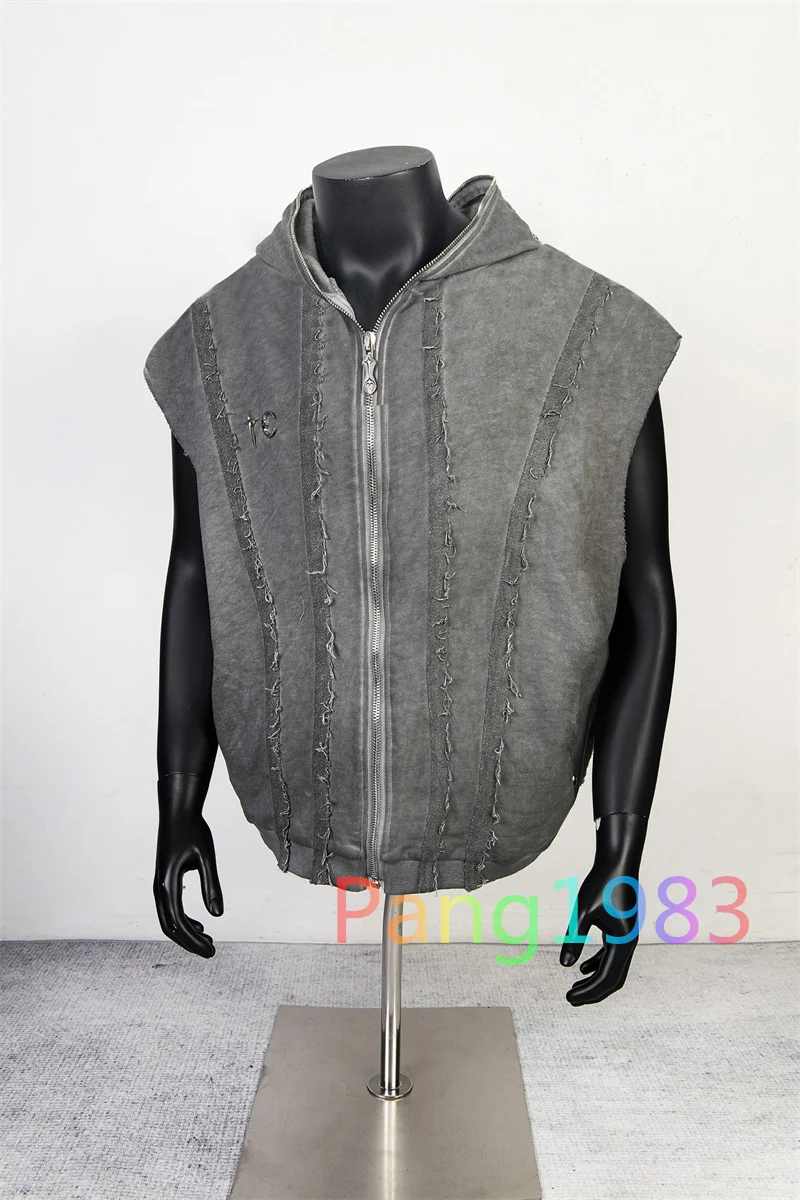 THUG CLUB Splicing Zipper Water Washed Grey Sleeveless Jacket Men Women 1:1 High Quality Versatile Thick Fabric Coat Hooded Tops