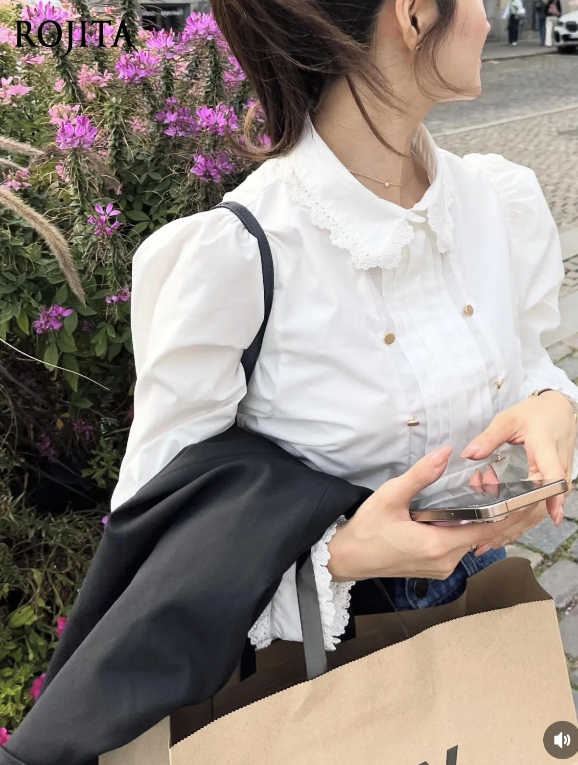 

French Lace Embroidered Lace Collar Double-Breasted Small Gold Button Long Sleeve Shirt Women's Tops White Shirt