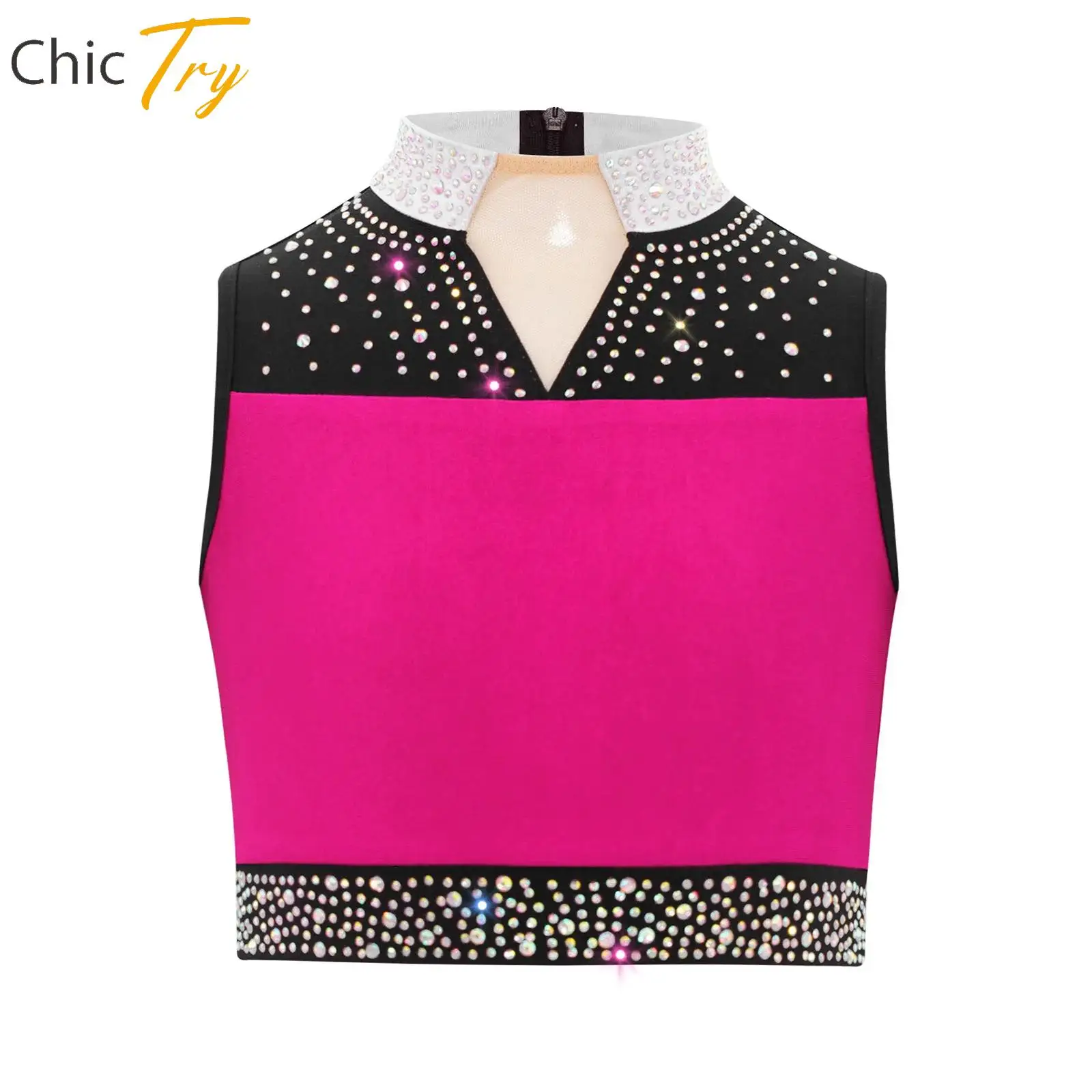 

Girls Glittery Rhinestones Modern Lyrical Dance Performance Costume Sleeveless Crop Top Vest Gymnastics Figure Skating Dancewear