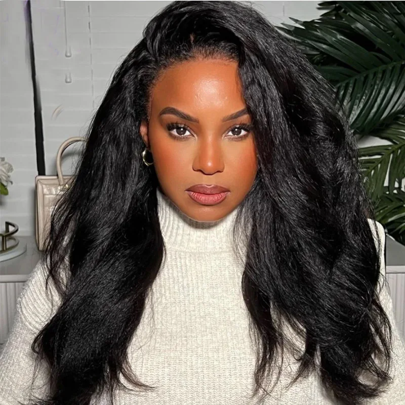 180 الكثافة سوبر لينة مزدوجة الملمس غريب مستقيم الجسم موجة الدانتيل شعر مستعار أمامي الاصطناعية قبل قطعها ياكي موجة طويلة 26 بوصة #5