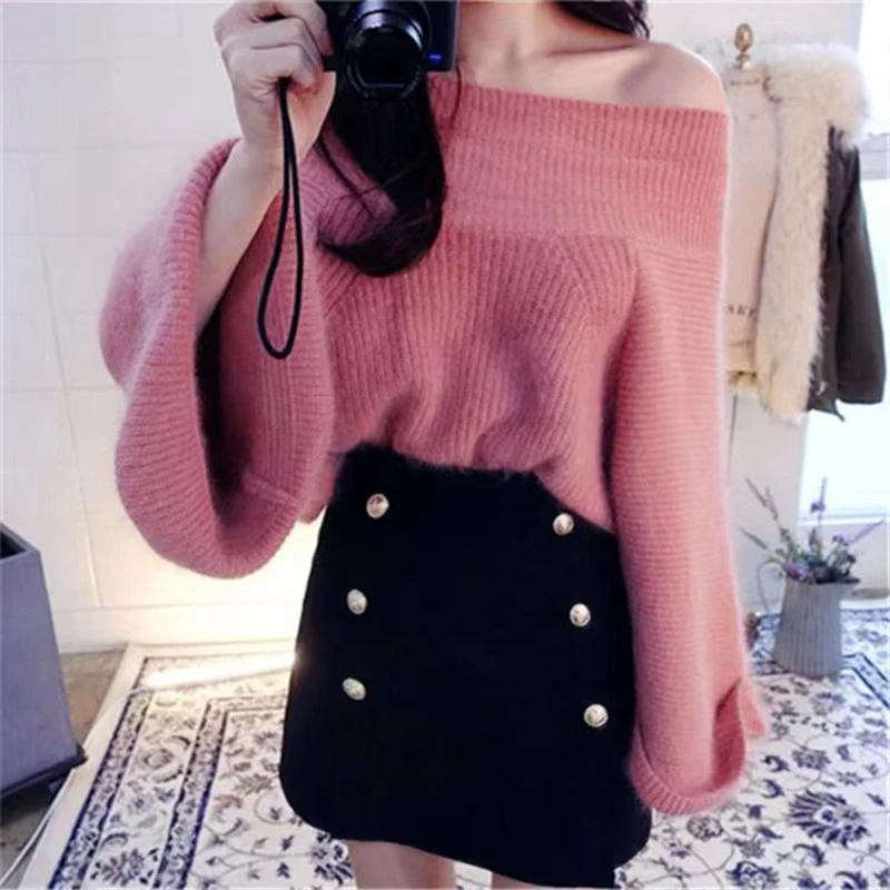 2024 Sexy Off Shoulder Knitted Sweater Women Solid Loose Flare Sleeve Pullover Female Slash neck Mink Cashmere Sweater Jumpers