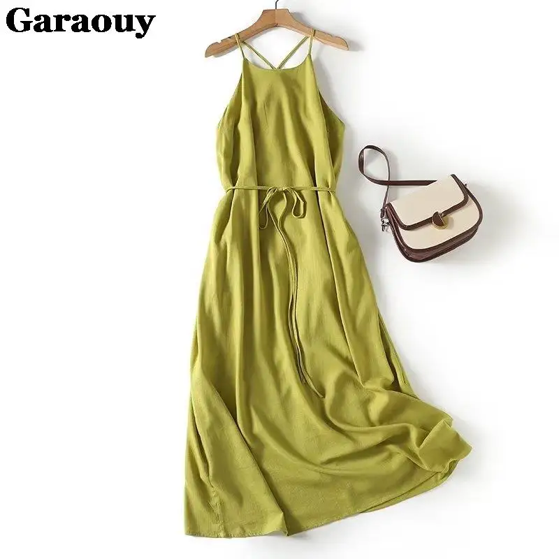 Garaouy 2023 Summer New Women Linen Halter Long Dress Sexy Lady Sleeveless Backless Elegant Midi Beach Dresses Vacation Sundress