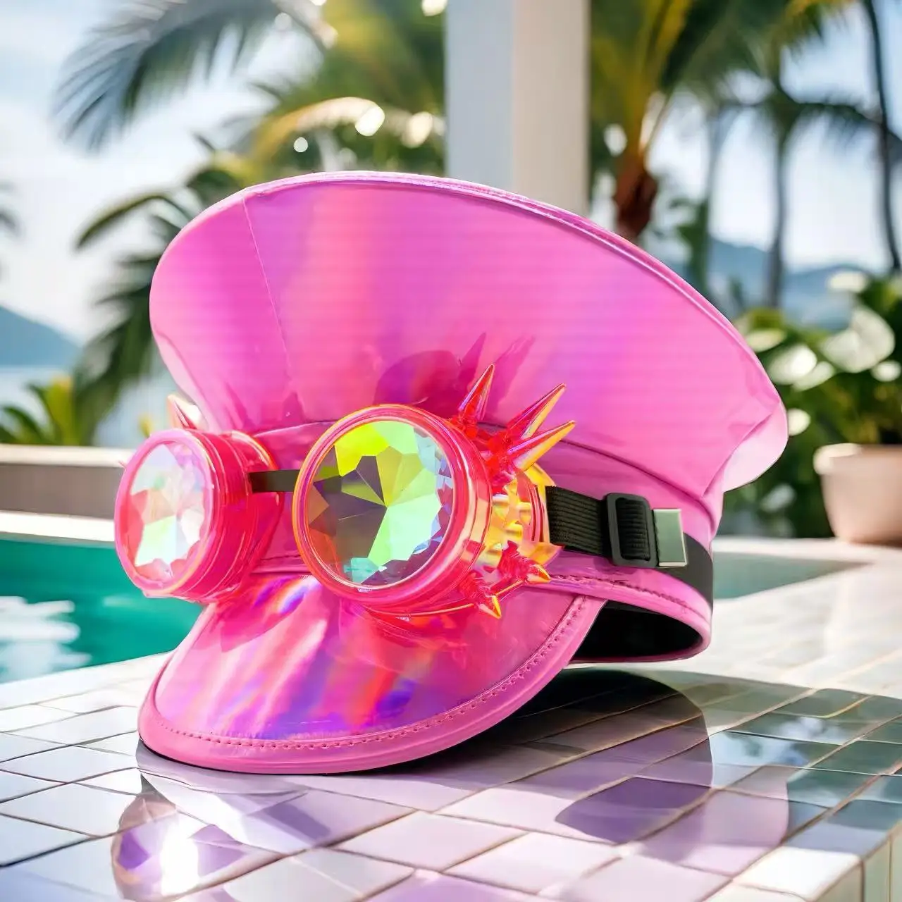 HongLuan Laser lederen kapiteinshoed Strass en militaire petten voor dames, Rave Festivals Accessoires & Feestpet Man Cosplay Fem