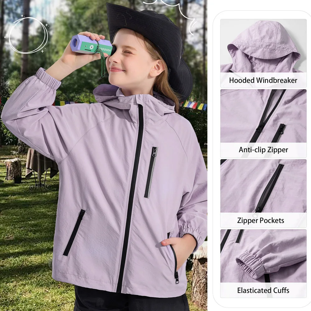 LOlanta Girls Rain Jacket Lightweight Waterproof Hooded Kids Raincoat 7-14 Years