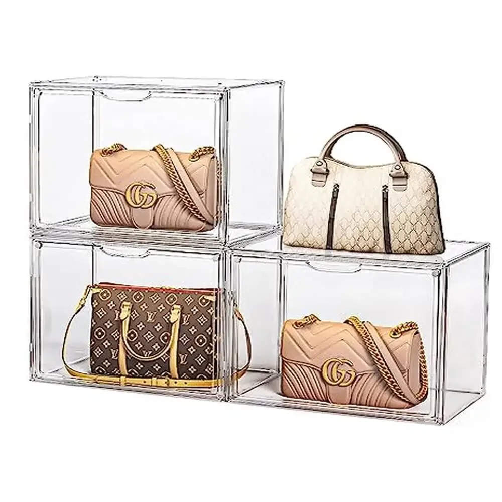 3 Pack Clear Acrylic Handbag Storage Organizer Case with Magnetic Door Stackable Dustproof Easy Assembly Closet Purse Display