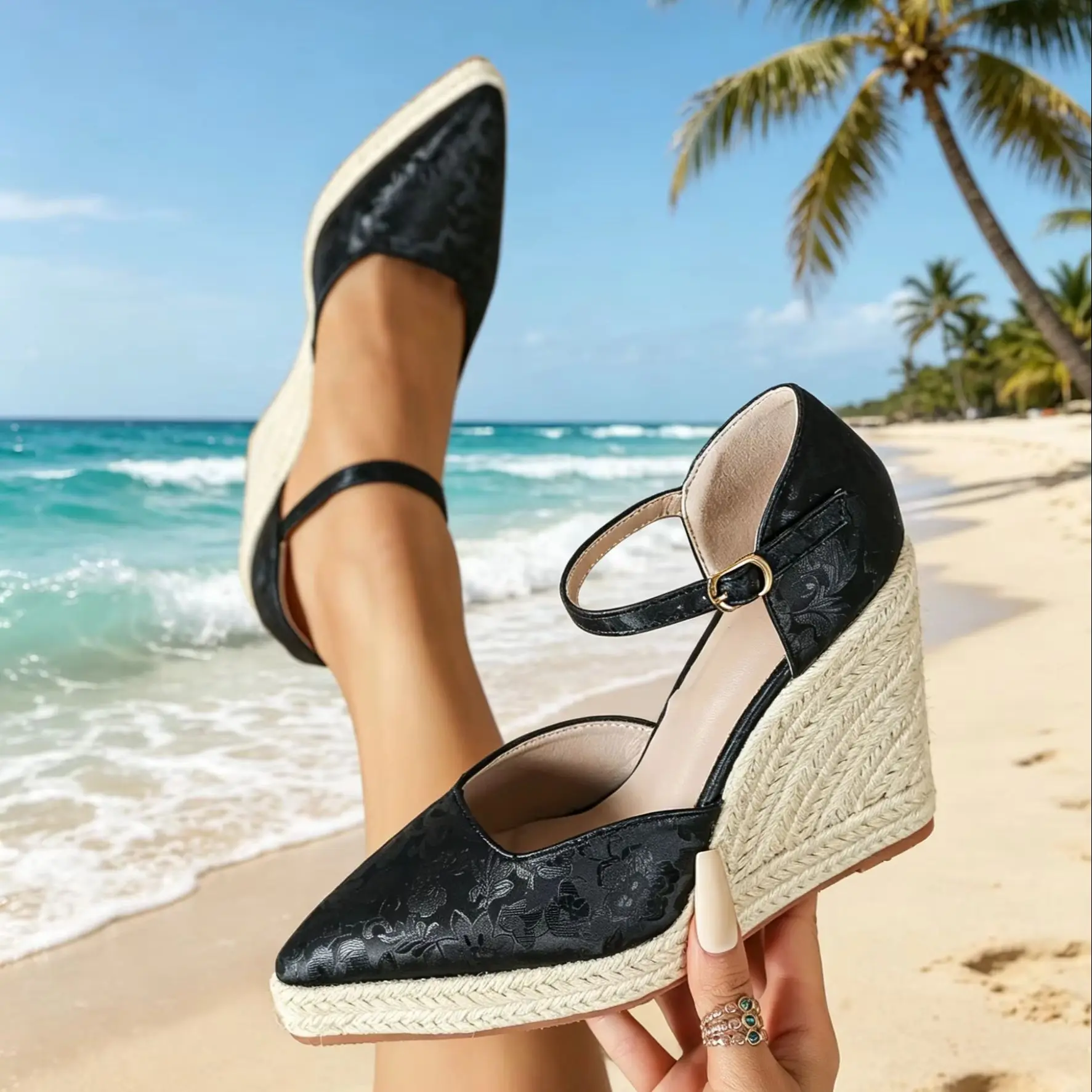 LIHUAMAO, zapatos de yute con cuña, sandalias con tacón, alpargatas, zapatos informales para mujer, sandalias de playa con plataforma, estilo bohemio