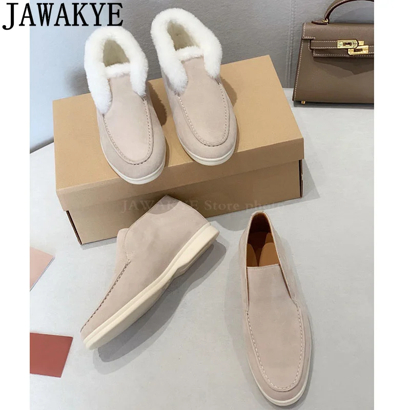 JAWAKYE Hot Sale Open Suede Flat Boots Women Nude Round Toe Wool Collar Designer Short Boots Winter Classical Famous Brand Boots