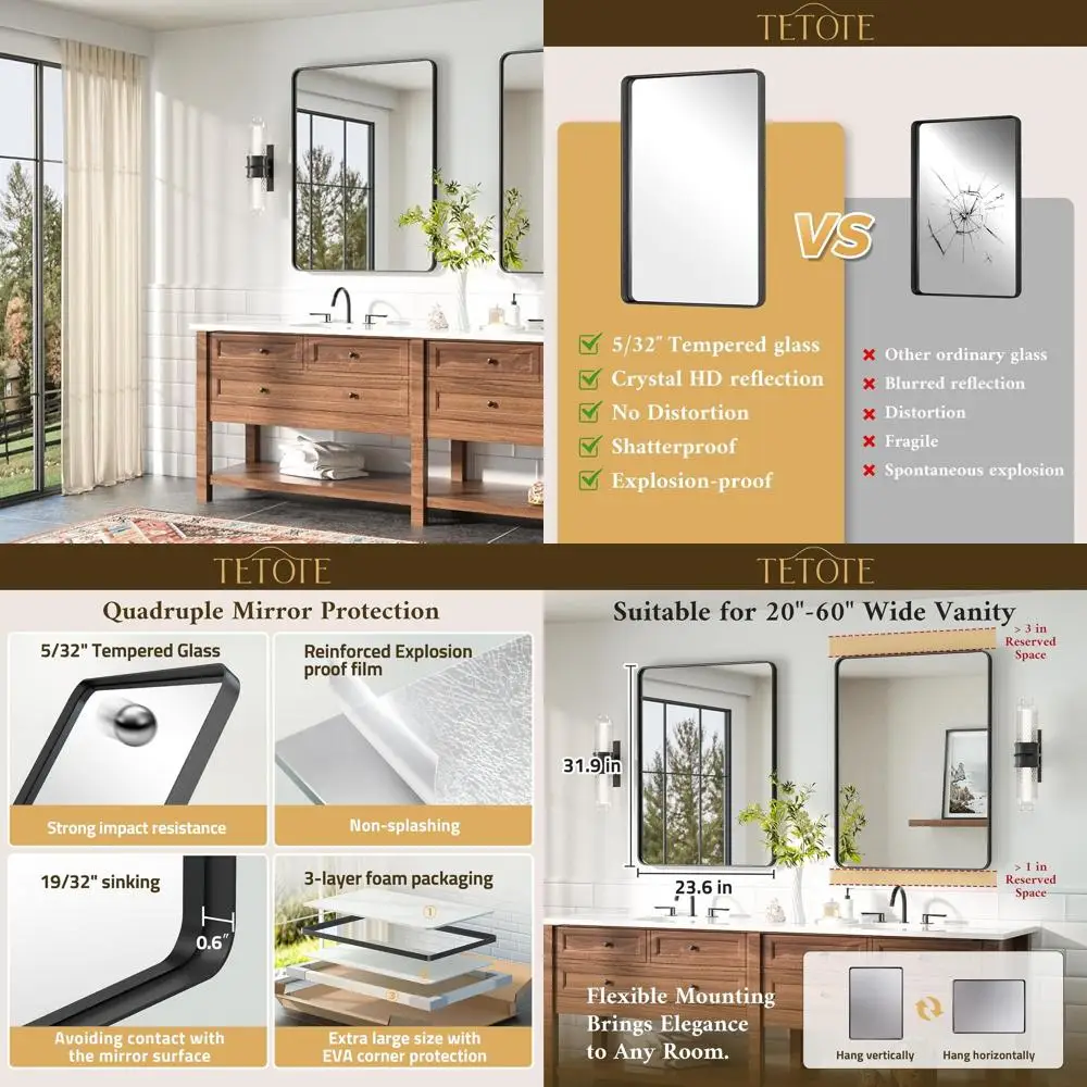 مرآة زينة بإطار أسود غير لامع مقاس 24 × 32 بوصة، زجاج مقسى، قابلة للتركيب على الحائط للحمامات المنزلية ومساحات المعيشة