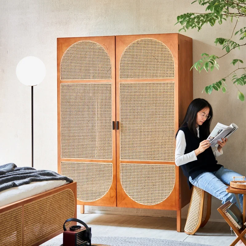 Nordic solid wood wardrobe, modern home rattan woven wardrobe, creative storage cabinet for homestays