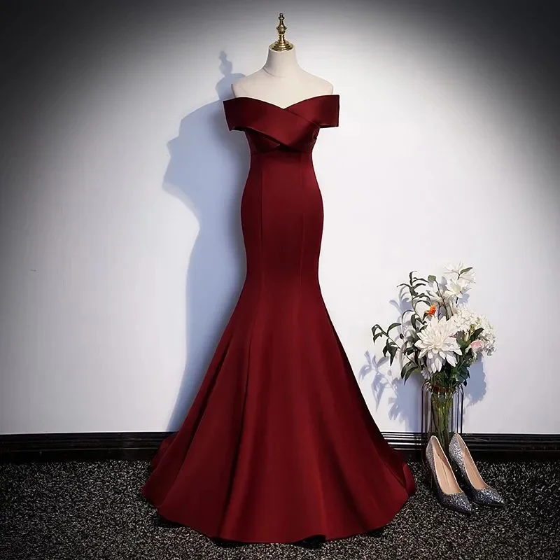 Fish Tail Skirt Wine Red Evening Dress Vocal Art Exam Melody Solo Annual Meeting Hosting One Shoulder Light Wedding Dress Girl