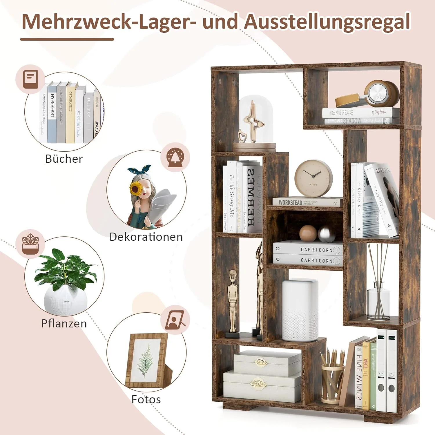 120 cm großes Bücherregal mit 9 Fächern, Standregal, Raumteiler, Mehrzweckregal, Holz, Lagerregal mit Neigungsschutz – Detail 1