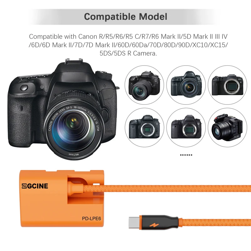 ZGCINE DT-LPE6 D-Tap/Type-C to LP-E6NH Dummy Battery Braided Wire DC Coupler for Canon R/R5/R6/R5 C/R7/R6 Mark II/5D Mark/6D/70D