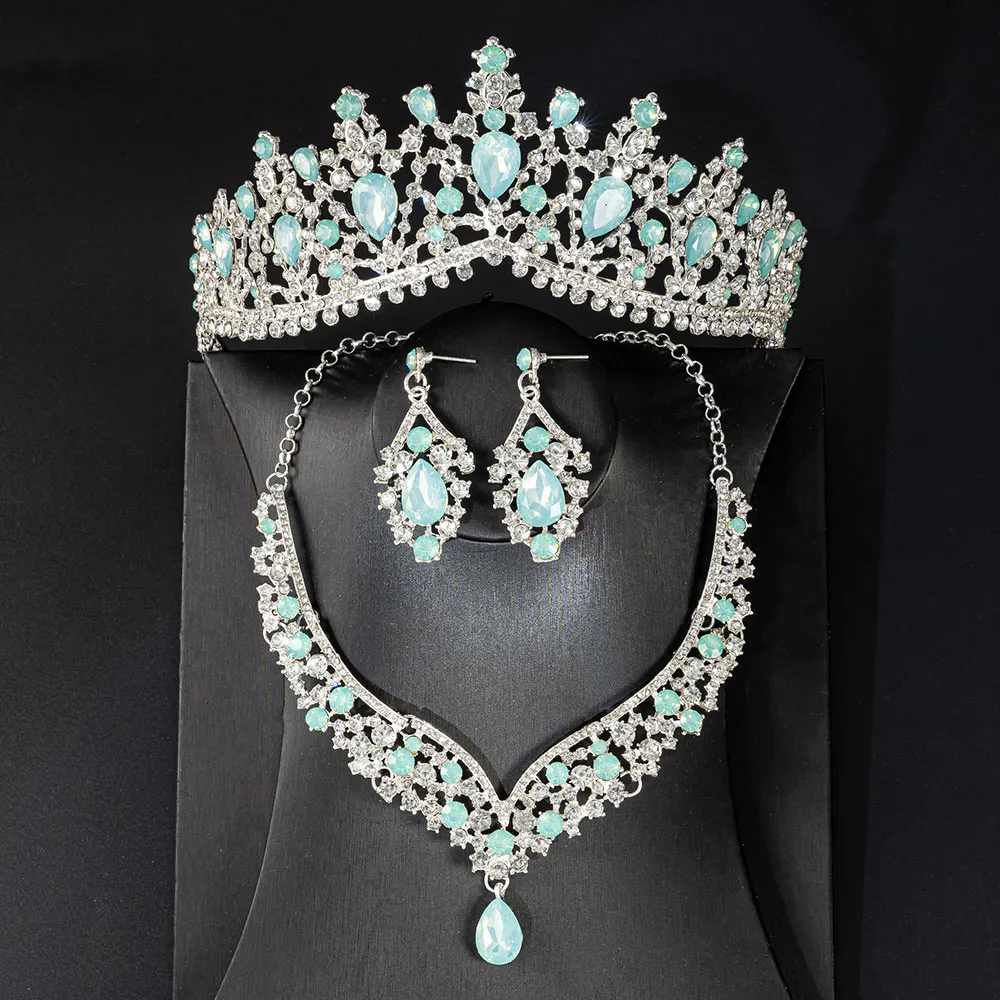 KMVEXO Gorgeous Crystal Opal Bridal Jewelry Sets Fashion Tiaras Earrings Necklaces Set for Women Wedding Dress Crown Jewelry Set