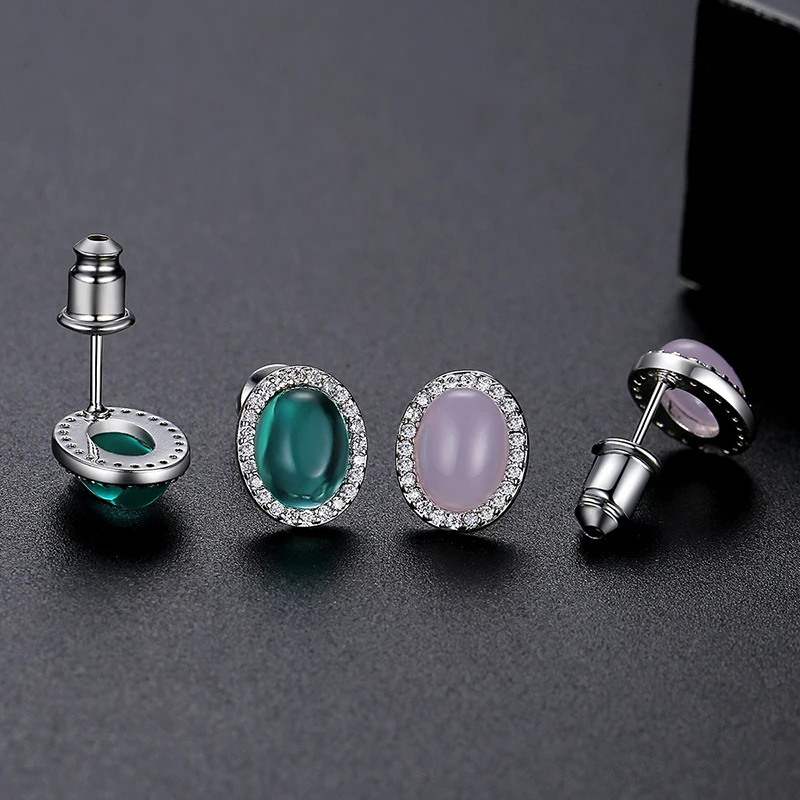 LUOTEEMI Dazzel Cubic Zirconia Fashion Stud Earrings Stylish Oval Green Pink Accessories for Women Girls Wedding Glitter Jewelry