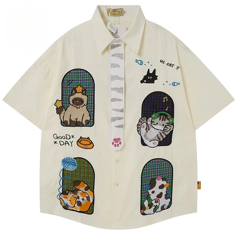 Funny Cat Embroidery shirts Men Vintage Oversized Summer Casual Loose Button Up Blouse