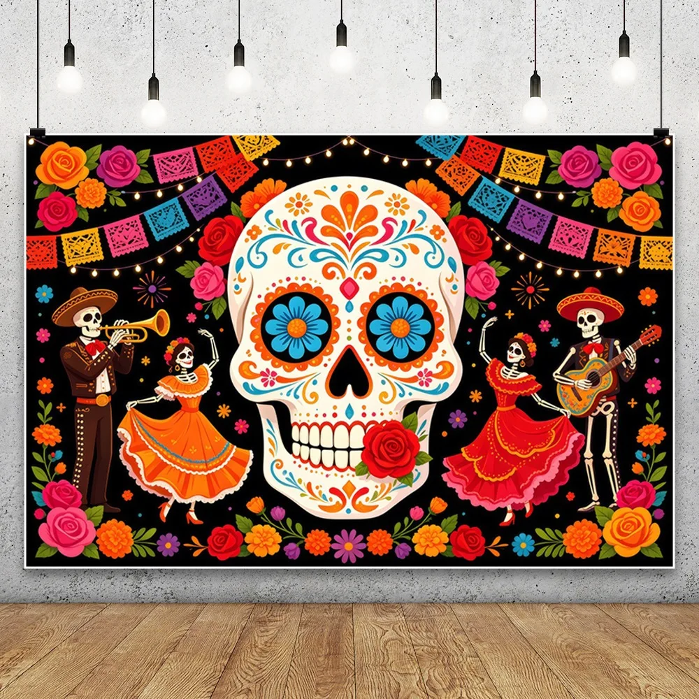 Mexican Carnival Day of The Dead Backdrop Colorful Flower Skull Fiesta Decor Background Photography Studio Supplies Props Banner