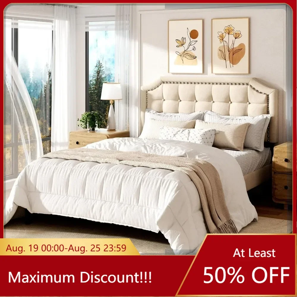 

Декоративное изголовье кровати с стеганным и заклепками, кровать с мягкой платформой, прочные деревянные реечки, не требует коробчатой пружины