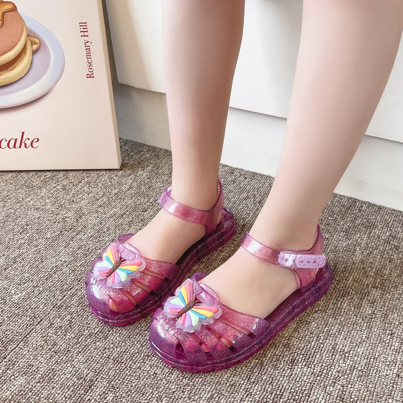 Children\'s Summer New PVC Slippers Rainbow Bow Jelly Shoes Roman Princess Baby Single Shoe Beach Shoes