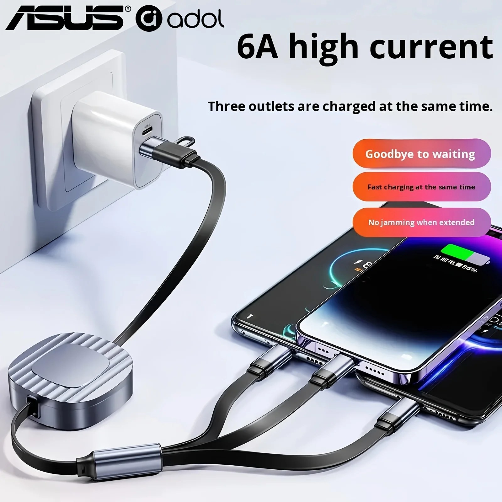 Cable USB TYPE-C retráctil ASUS 3 en 2, Cable de datos de carga rápida para Iphone, Samsung, Xiaomi, Cable de carga múltiple con múltiples puertos