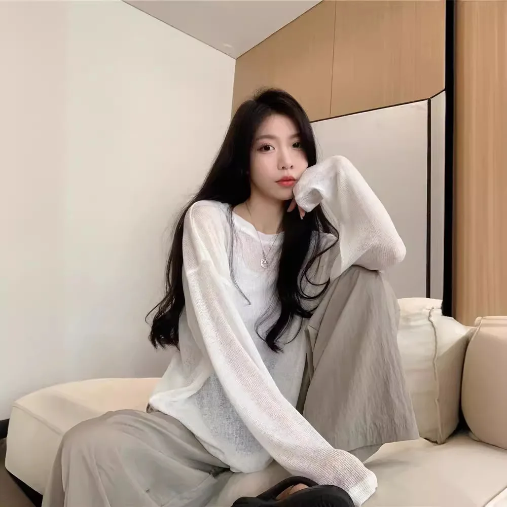 

Высокое качество, хит продаж, оптовая продажа, летняя новая тонкая футболка с круглым вырезом и длинными рукавами, свободная повседневная солнцезащитная крышка, топ для женщин Y2K