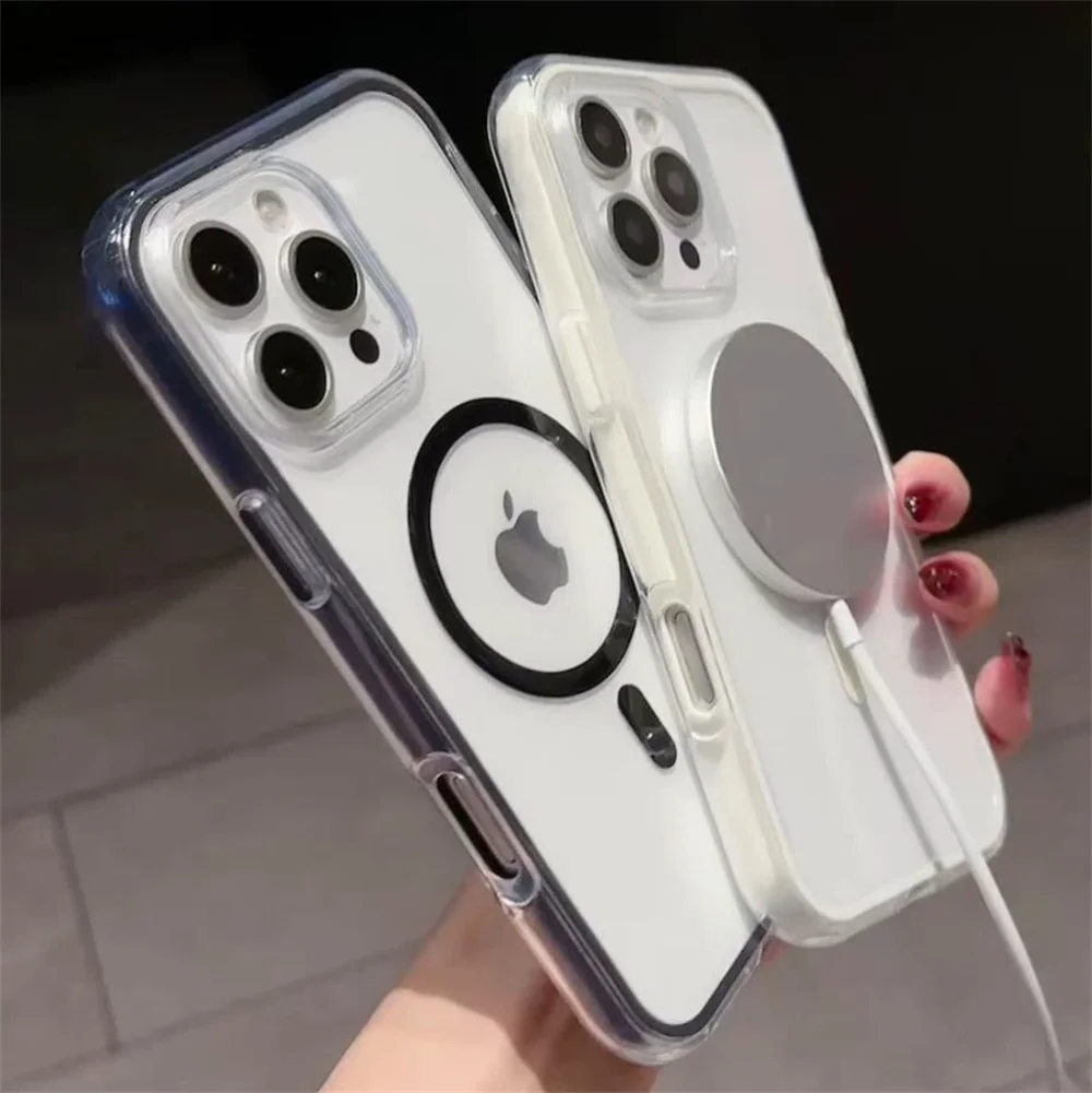 Luksusowe przezroczyste etui z miękkim kolorowym bumperem do iPhone'a 16 15 14 Plus 13 12 Pro Max 11 Odporne na wstrząsy magnetyczne etui z bezprzewodowym ładowaniem
