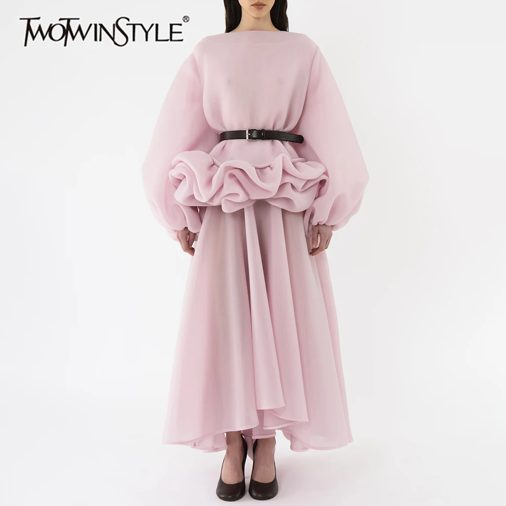TWOTWINSTYLE Pleated Spliced Sheer Loose Two Piece Set for Women Round Collar Puff Sleeve Top High Waist Midi Skirt Sets Female
