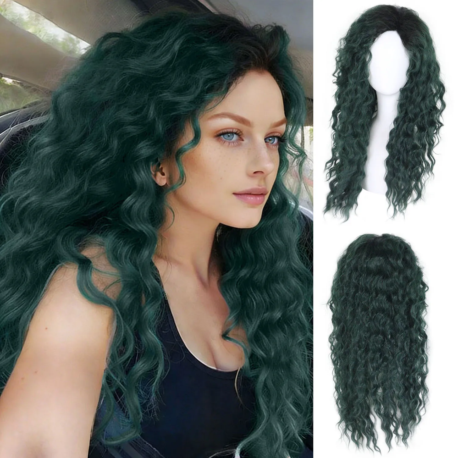 

Синтетический женский парик, длинные волосы, темно-зеленый, голубой, вьющиеся парики, женский натуральный волнистый парик Drag Queen, обычный парик, 26 дюймов, косплей, Хэллоуин