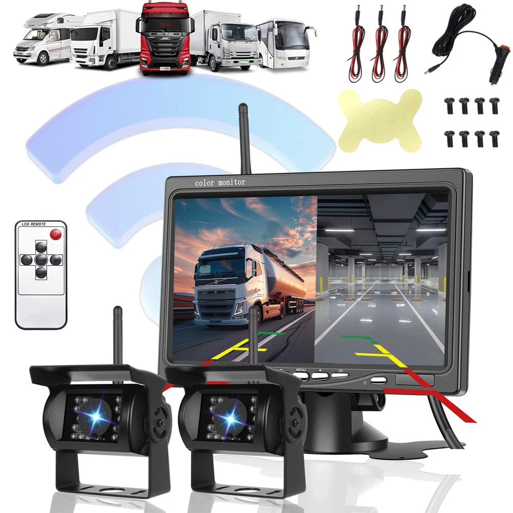 Bezprzewodowy system kamer cofania z dwiema kamerami, 7-calowym monitorem 1080P, wodoodporną cyfrową kamerą cofania HD z funkcją nocnego widzenia do samochodów ciężarowych, furgonetek, SUV-ów i