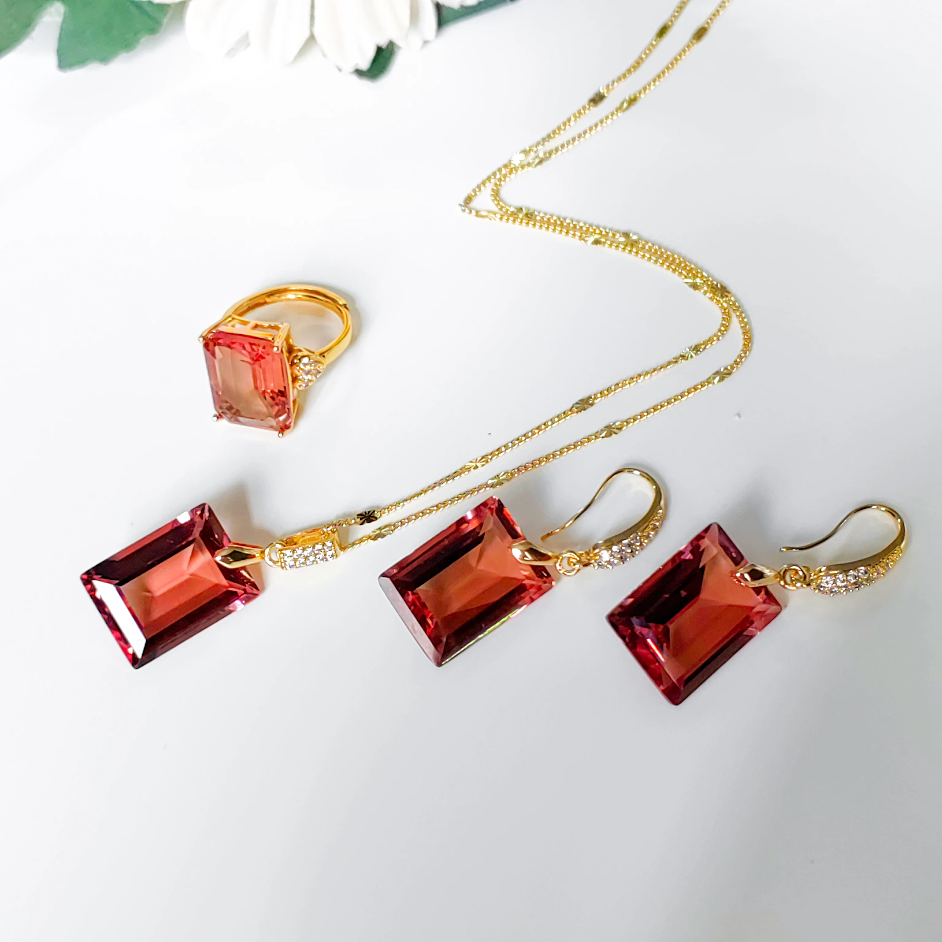 Color-change Sultanite Rectangular stone adjustable ring earrings necklace Jewelry Set for women change color in different light