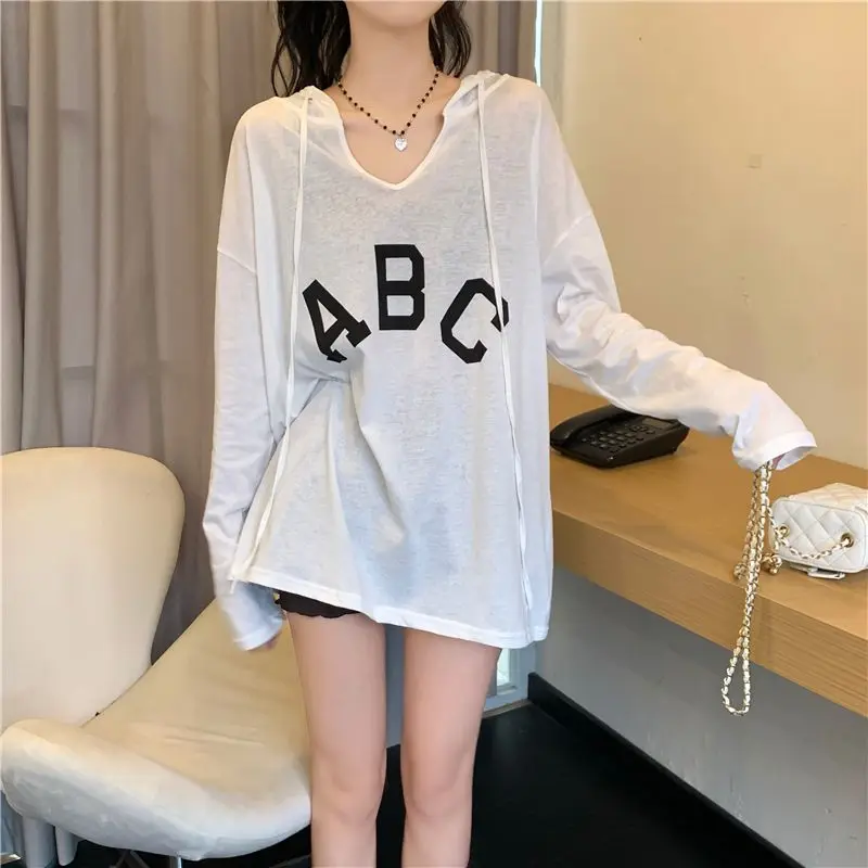 Hooded Thin Long Sleeve Tops Tees Summer New Printing Letter Solid Color Loose Trend Casual T Shirts Fashion Sweet Women Clothes