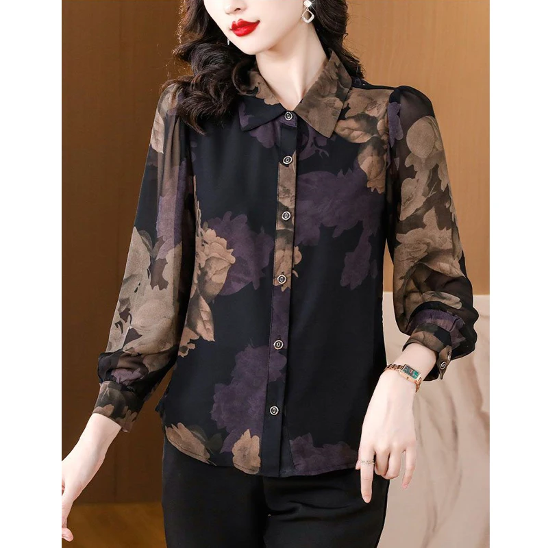 Women\'s Vintage Floral Print Turn Down Collar Button Up Shirt Office Lady Elegant Commute Blouse Long Sleeve Loose Chiffon Tops