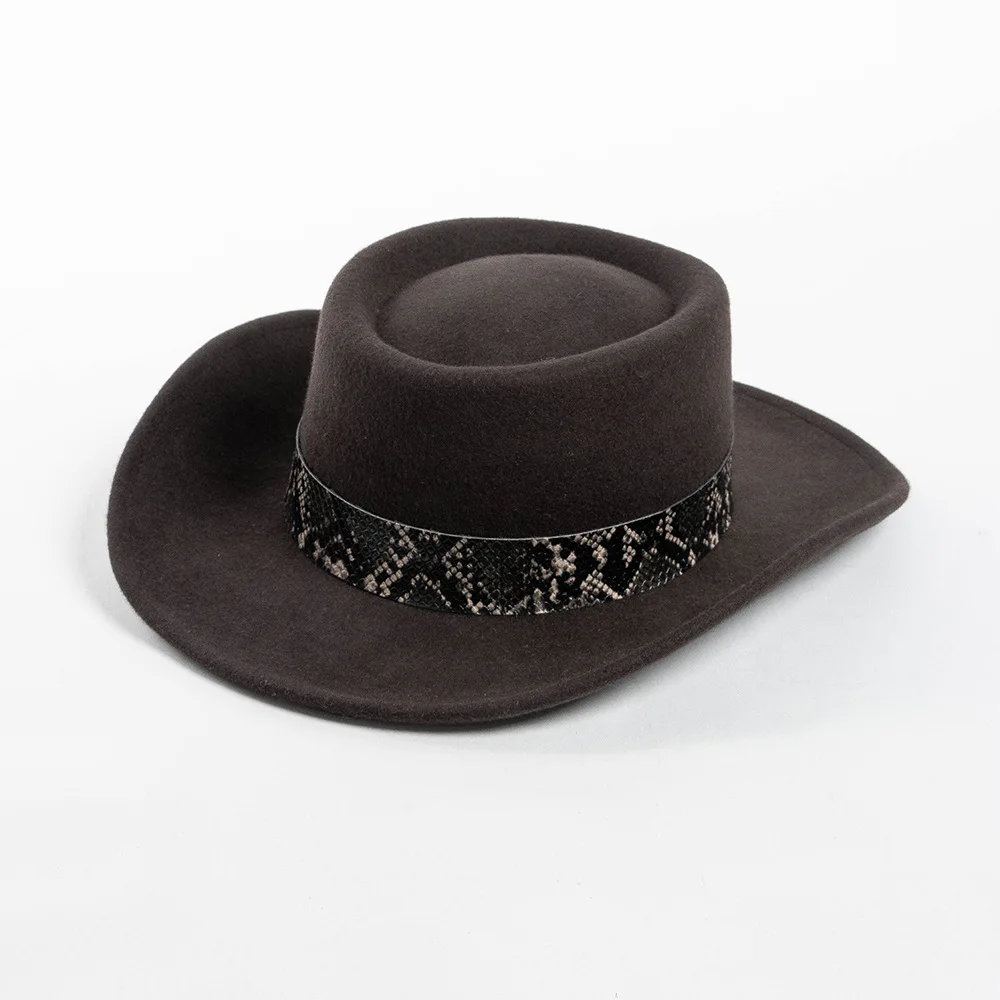 

Pork Pie Hat with Wide Brim and Upturned Edge, Pure Wool Fedora with Imitation Snakeskin Decorative Band and Wool Felt Hat