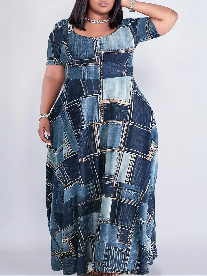 

Plus Size Women's Casual Summer Maxi Dress Denim Plaid Dress Ladies Round Neck Short Sleeve Summer Maxi Dress Flared Hem