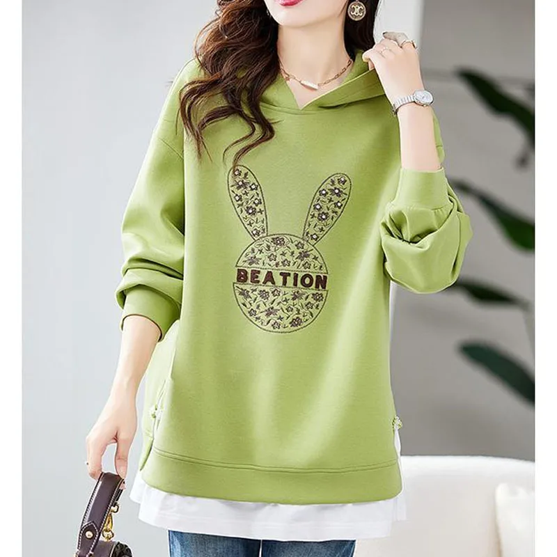 Autumn Fashion Trend Pure Cotton Embroidery Beads Versatile Patchwork Loose Hooded Casual Style Long Sleeve Women\'s Sweater