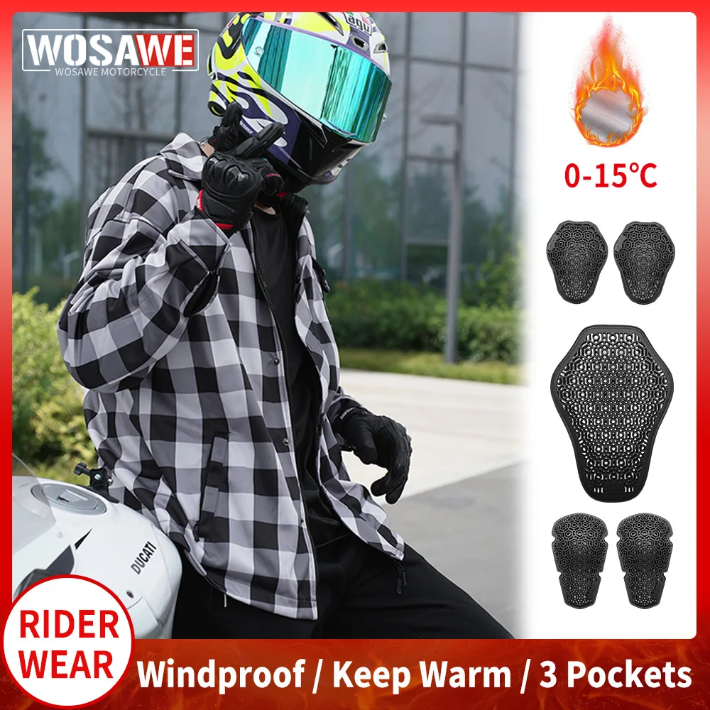 

WOSAWE Motorcycle Jacket Winter Fleece Warmth Motorcycle Checkered Shirt Casual Retro Motocross Riding Shirt with Soft Gear