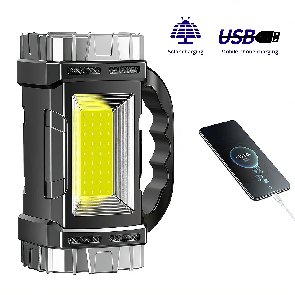 Imagem -04 - Lanterna de Holofote Portátil Solar Impermeável Carregamento Usb Lâmpadas Laterais Cob para o Exterior Pesca Noturna Caminhadas Acampamento Luz Led